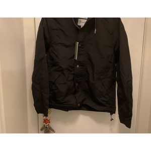 Black hooded light jacket, size S, zipper and button down new jacket